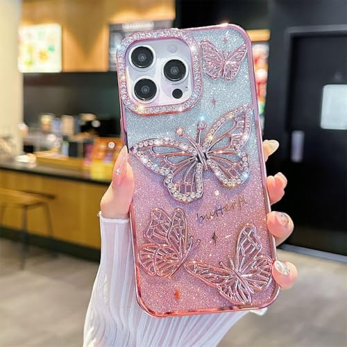 Rokmym Fodral kompatibelt med iPhone 11 söt 3D fjäril mobiltelefonfodral bling diamant glitter kamera skydd mjuk TPU stötfångare stötsäkert fodral skyddsfodral för iPhone 11, roséguld