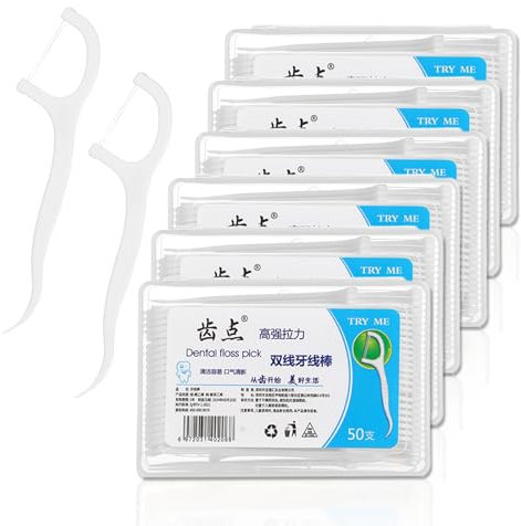 300 Pezzi Filo interdentale doppio con manico - Sticks Filo Interdentale 0,05 mm - Plastica - Pulizia Doppio Filo - Per Casa, Viaggi, Uso Alberghiero (Bianco)