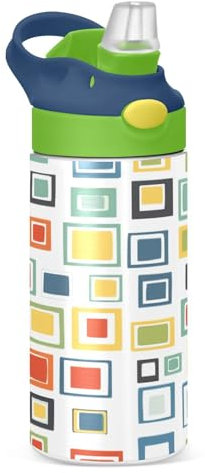 JUMBEAR Color Art Blocks Bouteille d'eau isotherme pour enfants de 350 ml, bouteille d'eau de sport isotherme avec couvercle à paille, bouteille d'eau en acier inoxydable pour garçons et filles