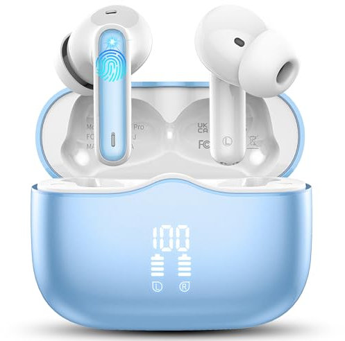Ecouteurs Bluetooth sans Fil, Ecouteurs Bluetooth 5.4 avec ENC Réduction Antibruit Mic, 40H Son Stéréo Durée de Lecture, IP7 Étanche Oreillette sans Fil Écran LED USB-C pour Android iOS, Bleu marine