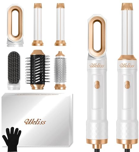 Haartrockner & Airstyler 6 in 1, UKLISS Pro Haarstyler Set mit Warmluft Airflow Lockenbürste, Rundbürstenföhn Multistyler, Warmluftbürste, Hair Dryer Geschenke für Föhnen, Volumen, Locken - Weiß