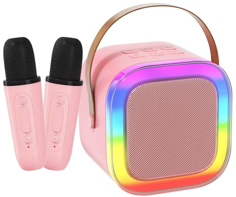 MUEZDUR Karaoke Maschine Kinder mit 2 Mikrofon, Mini Karaoke Set mit LED-Licht und Sprachveränderungseffekten, Geschenke für Kids von 3-18 Jahren, Jungen, Mädchen (Rosa)