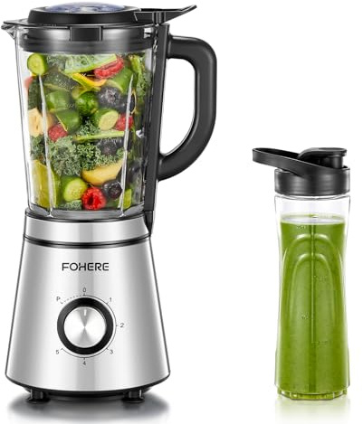 FOHERE Blender, 1100 W de Puissance Max, Mixeur Electrique Bol en verre 1,5L, 600ML Gourde Nomade, 4 Lames en acier Inox, 5 vitesses + Fonction Pulse Mixeur, Smoothie, Utilisation & Nettoyage Facile