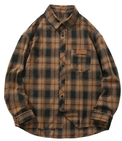 Chemise Homme Coton Plaid Imprimé Chemises sans Repassage Manches Longues Et Col V Haut Hommes Slim Fit Bleu Gris pour Été Et Automne Imprimé Géométrique Tendance Chemise Homme (Coffee, XL)