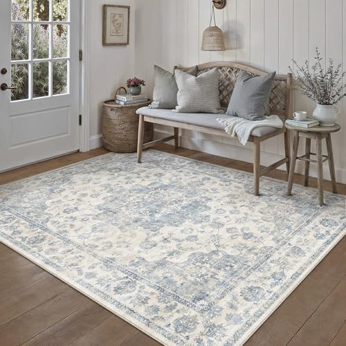 HUGEAR Vintage Teppich Wohnzimmer 140x200cm Blau Waschbar | Waschbarer Retro Teppich,Weich,Rutschfest Kurzflor,Groß,für Wohnzimmer,Schlafzimmer, Esszimmer,Büro,Carpet,Teppiche