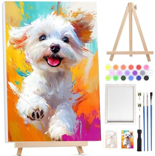 BOWETILE Hundmåla efter siffror för vuxna med inramad duk och trästaffli, djurmålning efter siffror kit för vuxna nybörjare canvas-kit, gör-det-själv färg oljemålning akrylfärger hem väggdekor 20 x 30
