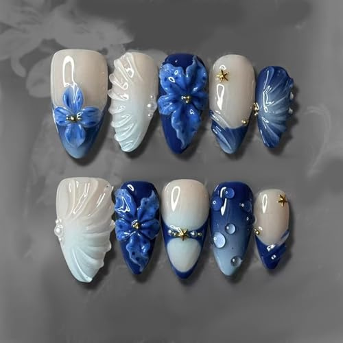 24Pcs Presses on Nails Retro Blue Lilies Bubble Stripe Pearls Art ABS Materials for Timelessly Beauty Parties Presses on Nails