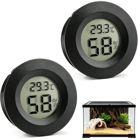 2 Pack Reptile Thermometer Hygrometer Round LCD, Digital Mini Vivarium Thermometer °C/°F Switch for 3D Printer, Temp Humidity Monitor for Terrarium, Bearded Dragon, Leopard Gecko, Tortoise, Lizard