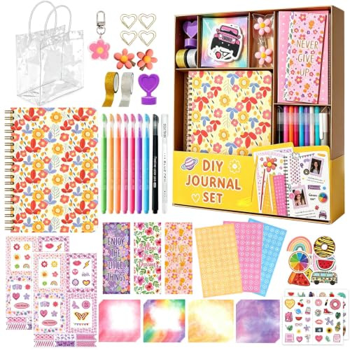 DIY Journal Stationery Sets for Girls, Scrapbook Kit, Girls Diary Supplies, Birthday Gifts for 8 9 10 11 12 13 14 Year, Creative Stationery Set, Arts & Crafts for Teen, Yellow Gift Box with Tote Bag