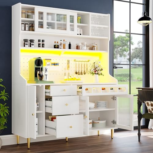 Xwiny Küchenschrank mit LED-Beleuchtung und USB-Ladeanschluss, Hochschränke mit Verstellbaren Einlegeböden und Schiebetüren, Buffetschrank mit Schublade und Weinregal, Weiß-A, 145x39x171 cm