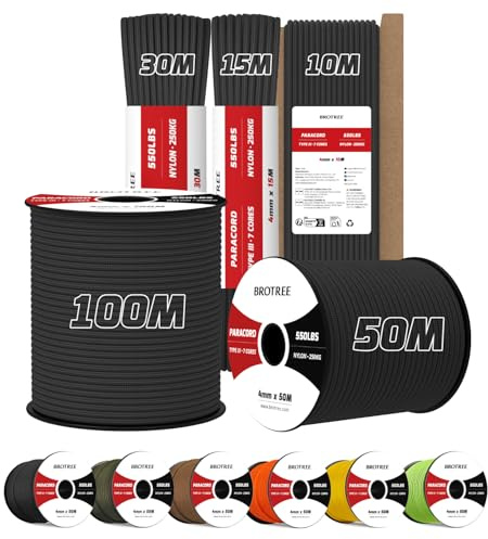 Brotree 4mm Paracord 550 15M Nylon Rope 7 Strands Type III Parachute Cord | 100% Nylon, 250kg (550lbs) Breaking Load, used for Bracelets, Camping, Survival, Outdoor, Crafting, DIY