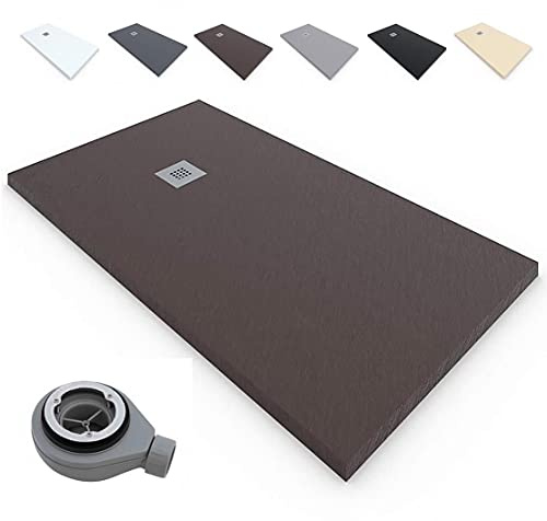 Plato de Ducha RESINA Extraplano EstiloBaño®TERRA - Antideslizante TEXTURA PIZARRA - Todas Las Medidas Disponibles -Varios colores -【80x160, Chocolate Ral-8017】- Incluye Válvula desagüe+Rejilla