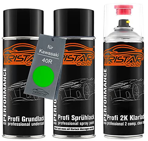 TRISTARcolor Motorradlack 2K Spraydosen Set für Kawasaki 40R Golden Blazed Green Perl Grundlack Basislack 2 Komponenten Klarlack Sprühdose