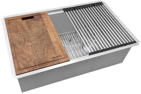 Ruvati 33-inch Workstation Kitchen Sink - Slope Bottom Offset Drain 16 Gauge Stainless Steel Kitchen Sink with Brushed Finish, Easy-to-Clean Undermount Sinks- RVH8591