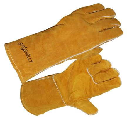 SPRIGHOLLY Gants de soudage 14 pouces 932℉ cuir Gants de soudage Forge/Mig/Stick Résistant à la chaleur/au feu, Mitaines pour four/Grill/Fireplace/Furnace/Stove/Pot Holder/BBQ/Aimal handling gloves