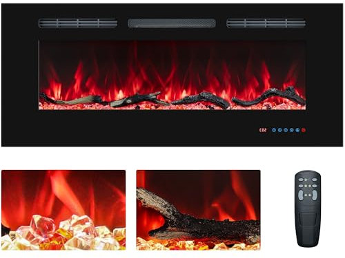 Benrocks Inserto de chimenea eléctrica de 92 cm, empotrado o montado en la pared, 13 colores de llama y cama de combustible, termostato, control remoto y pantalla táctil, temporizador, tronco y