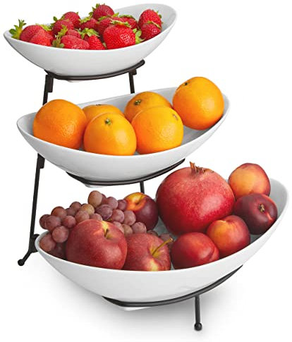 DEELIA® Etagere | 3-stöckig | Keramik Obstschale modern & weiß | Praktische Aufbewahrung für die Küche | 3 Etagen für Obst & Gemüse