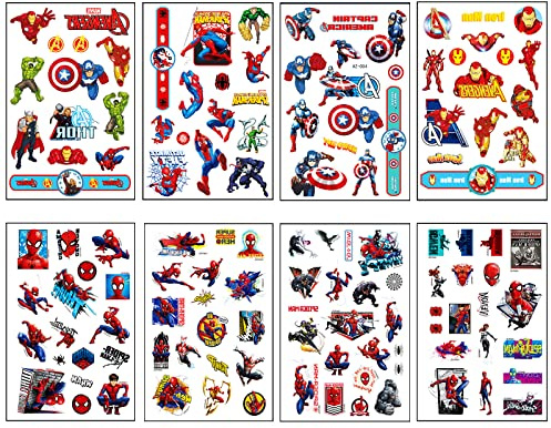8 Feuilles de Tatouages d'Araignée pour Enfants, Autocollants Temporaires Super Héros Avengers pour Garçons, Faux Autocollants d'Araignée pour Enfants Thème SuperHéros pour Remplissage de Sac de Fête