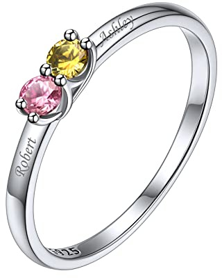 Silvora S925 Silber Damen Ring Personalisierter Geburtsstein Ring mit 1/2/3/4 3MM 5A Zirkonia Schlichter 1/2/3/4 Namen Fingerring in Silber Ringgröße 49（15.7）- 64（20.5） Ehering Verlobungsring