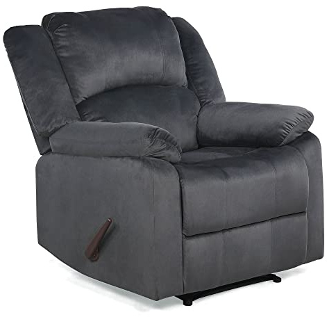 Relax-A-Lounger Preston 33.5 Manual Pull-Handle Recliner, Traditional Overstuffed, Pocket Coil Comfort, Black Metal Base Legs, Soft Microfiber Fabric, Steel Gray