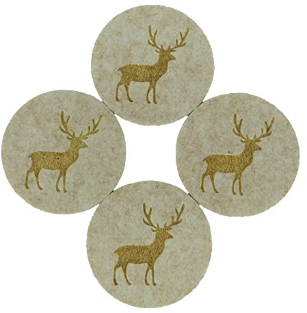 Filzuntersetzer mit Hirsch Motiv für Gläser 4X 5 mm hoch (beige rund)