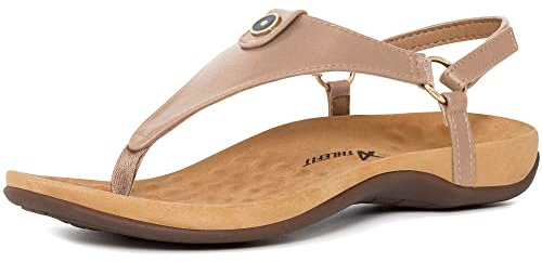 Athlefit Women's Comfortable Orthopedic Sandals Thong Dressy T-Strap Orthotic Casual Summer Arch Support Khaki Sandals size 7.5