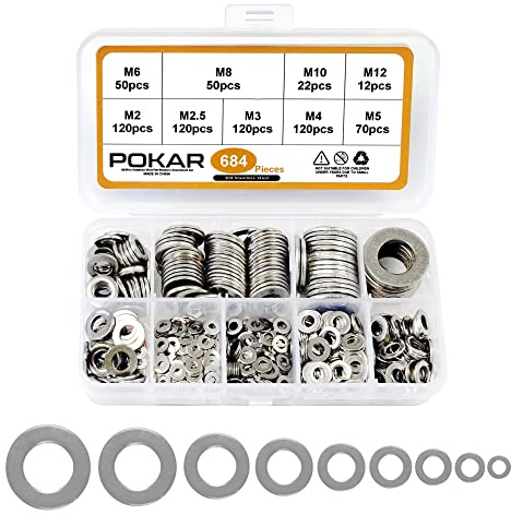 POKAR Flach Unterlegscheiben 684 Stück Edelstahl Beilagscheiben Unterlegscheiben Sortiment Box Fitschenringe Gewindestange Werkstatt Set M2 M2.5 M3 M4 M5 M6 M8 M10 M12
