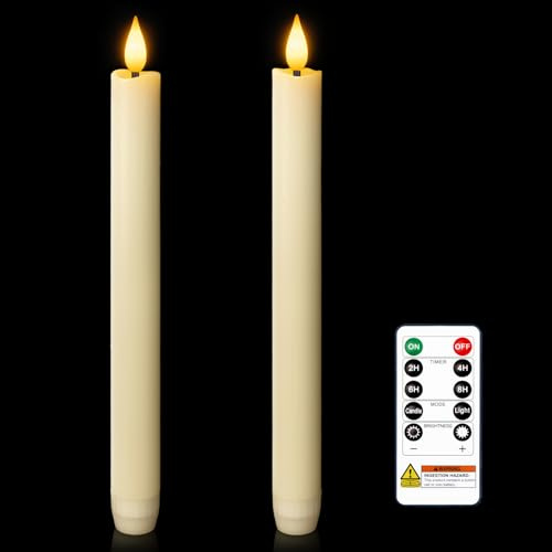 Homemory 2 Pcs Real Wax Made Flameless Taper Candles with Remote and Timer, 9.6 Ivory Battery Operated Candle Stick Flickering, Led Taper Candles with Lifelike Flame for Indoor Home Decor