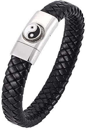 AMDXD Männer Herrenarmband Edelstahl, PU Leder Armreifen für Männer X Form Armreif für Herren Handhandgelenk Kette Edelstahl mit Magnet Verschluss
