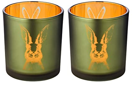 EDZARD 2er-Set Windlicht Teelichtglas Hase, außen grün/innen Gold, Hasen-Design, Höhe 8 cm, ø 7 cm