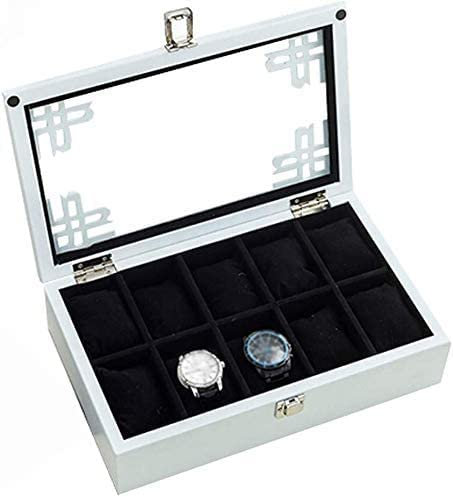 Uhrenkasten 10 hölzernen Schmuck Aufbewahrungsbox Abschließbare Metallschnalle mit Glasscheibe und 6 Entfernen Pads für die Aufbewahrung für Männer/Frauen - weiß