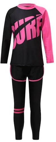 TiaoBug Pojkar 3-delad baddräkt helkropp baddräkt med solskydd Rashguard våtdräkt långa ärmar T-shirt med långa byxor badshorts, Rosa I, 146-152