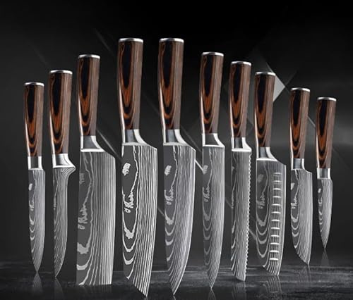 Générique Damas Couteau de Cuisines, 10 Pièces Set Couteaux Professionnels Cuisine, Ensemble de couteaux de chef japonais en Bois, Ustensile de cuisine opaque en acier inoxydable