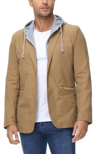 KUDORO Blazer Homme Veste de Costume Slim Fit Casual à Capuche Amovible avec Deux Boutons Décontracté Veste de Smoking Couleur Unie Veston Blouson Classique(Kaki,L)