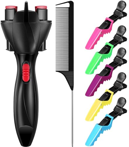 Honoson Hair Braider Set, 7 Pieces Automatic Hair Braider with Electronic Hair Braiding Tool Machine, Rat Tail Comb and Crocodile Hair Clips for DIY Hair Styling (Bright Color)