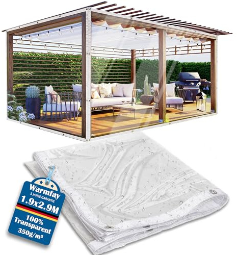 Warmfay Abdeckplane mit Ösen 2X3M, wasserdichte Durchsichtige Plane 350g/m², PVC Plane Transparent mit Ösen, Wetterfest Winterfest Anti-UV Zeltplane für Pavillon, Pflanzen, Gartenmöbe, Camping