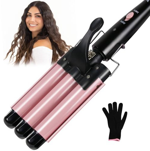 janelove 3 Barrel Hair Waver 25mm Beach Wave Hair Curler with 2 Temperature Adjustments, Ceramic Curling Iron with Heat-Resistant Glove for Long Medium Short Hair