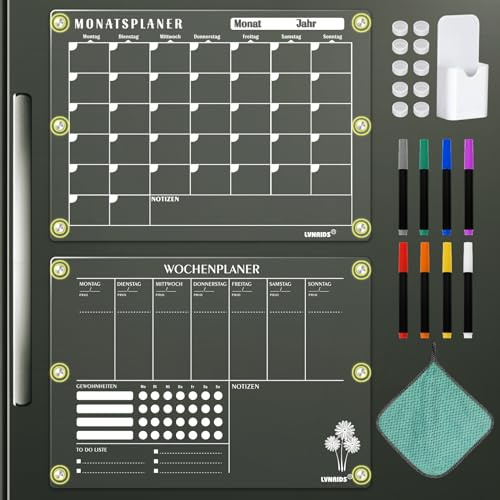 LVNRIDS 2 Stück Magnetisch Kalender Monatsplaner und Wochenplaner Abwischbar Kühlschrank, 42 x 30cm Deutsch Acryl Magnettafel Kalender für Kühlschrank, Acryl Transparent Planungstafeln