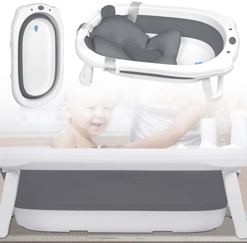 XMTECH Bañera plegable para bebé, 82 x 50 x 20 cm, plástico estable de polipropileno y TPE, ahorra espacio, bañera para bebés con orificios de drenaje y almohadilla antideslizante para los pies, con