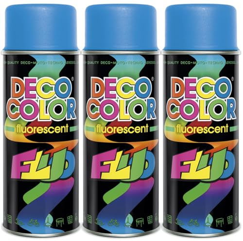 Deco Color 3er Sparpack Lackspray Neon BLAU 400ml - fluoreszierender ACRYL - Sprühlack in leuchtenden Farben (3 Dosen 400ml Neon Blau)