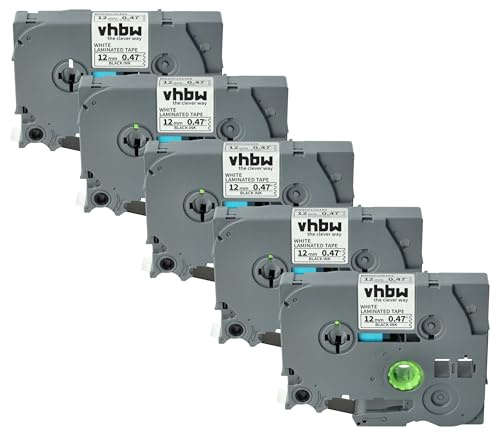 vhbw 5x Schriftband-Kassette kompatibel mit Brother PT H108 | H108GT, H300, H110BK, H300LI, H200, H110 Etiketten-Drucker 8m x 12mm Schwarz auf Weiß