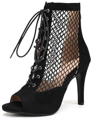 Uonpie Latein Salsa Tango Stiefel in Wildleder Peep Toe Tanzschuhe 10 cm Absatz,Schwarz,43EU