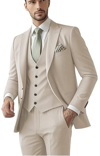 LYLLOVEGUSU Slim Fit Anzüge 3-teiliger Anzug für Herren, Hochzeitsanzug-Set, Zwei Knöpfe, Revers, Blazer, einreihige Weste, Hose, Beige, L