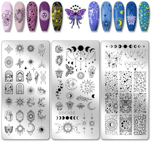 PH PandaHall 3 placas de estampado de uñas con diseño de luna y sol, plantillas de arte de uñas de Astrolabio de acero inoxidable para mujer, diseño de uñas, salón de manicura, Eid Mubarak