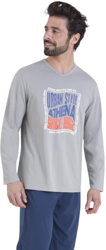 Athena - Pigiama Lungo da Uomo, Ecopack- Jersey 100% Cotone Traspirante - Maglietta a Maniche Lunghe + Pantaloni - Etichetta Oeko-Tex® Standard 100, Grigio/Marina, XL