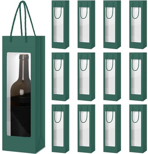 MOMAHUA 12 Stück Wein Geschenktasche mit Fenster, Grün Weinflaschenbeutel aus Kraftpapier, Flaschentüten Geschenktüten für Wein mit Griff, Kraft Organizer für Weihnachten Hochzeit Geburtstag Party