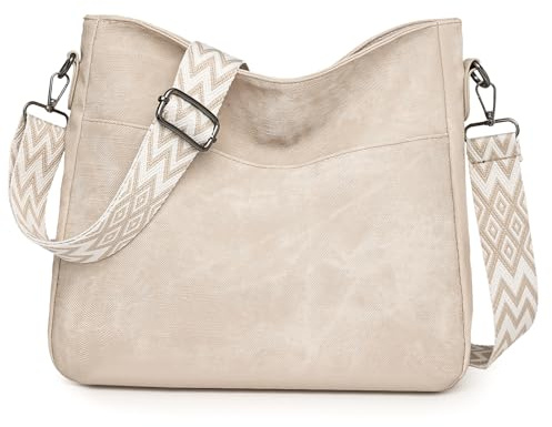 Outplea Boho Umhängetasche Damen, Mittelgroß Lässig Schultertasche mit Breiter Gurt, Hobo Vintage Shopper Tasche für den täglichen Gebrauch, Pendeln, Beige