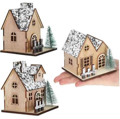 PLAFOPE 3pezzi Casetta di Natale in Legno Miniatura Casette Natalizie in Legno Luci LED Ornamenti Natalizi per Mensola del Focolare Centrotavola