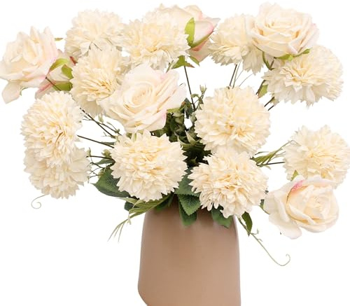 KP HOME Mazzo di Crisantemi e Rose Finte in Seta Tocco Reale - Fiori Finti Per Decorazioni con 12 Capolini Crema Blanco, Steli H 42cm, Composizione per Interni ed Esterni, Matrimoni, Eventi o Cimitero