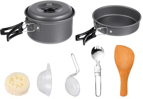 Kisangel Juego de Utensilios de Cocina para Acampar 1-2 Personas Set Portátil de Aluminio Revestimiento Antiadherente Ligero y Plegable para Senderismo Fogatas y Actividades al Aire